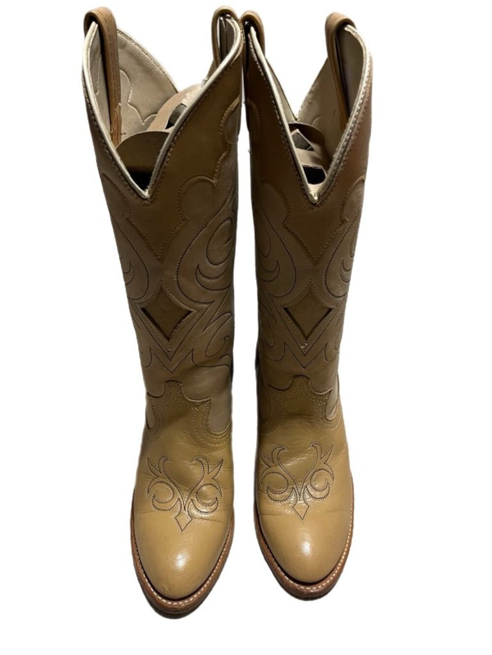 VTG Acme Light Beige Heeled Cowboy Cowgirl Boots Size 8 M Womens Inlay